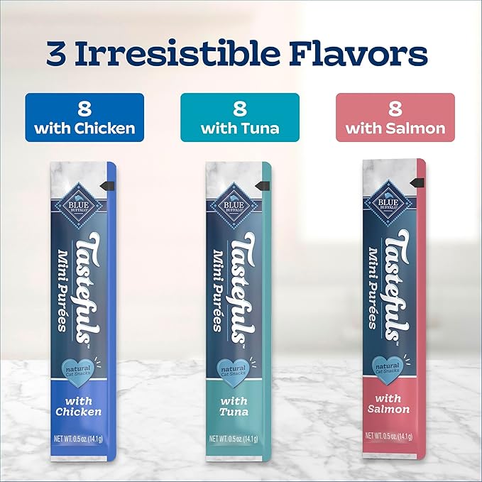 Blue Buffalo Tastefuls Mini Purées, Adult Cat Natural Single-Serving Snack, 24-Count Variety Pack Chicken, Tuna, and Salmon 0.5 oz. (Pack of 1)