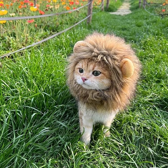 Lion Mane Wig for Cats, Adjustable Washable, Cat Lion Mane Wig for Halloween (Small)