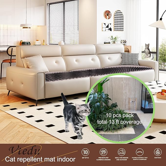 Cat Deterrent Mat 10 pcs Set, Plastic Grid Design Cat Repellent Mat 10 pcs Luxury Color Box Packaged, Anti Cat Mat, Anti Dog Scratch Mat with 1" Spike 13ft Coverage Cat Barrier