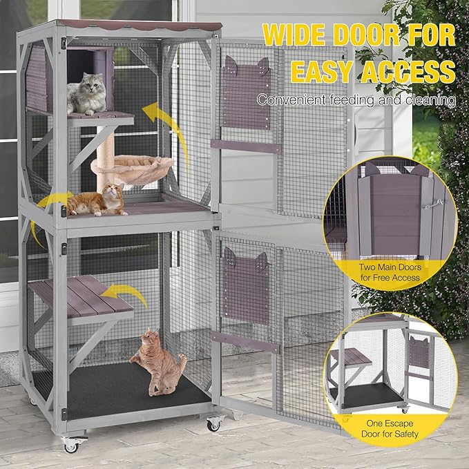 Aivituvin Catio Outdoor Cat Enclosure Wooden Cat Cage with Window Access Large Kitty House on Wheels 62.4’’ Indoor Patio