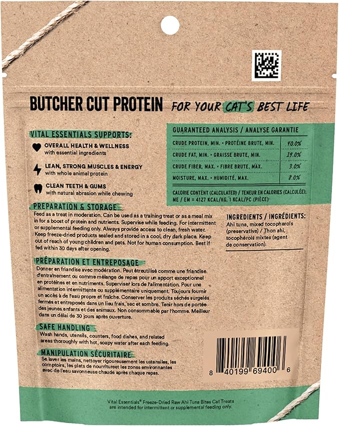Vital Essentials Freeze Dried Cat Treats | Ahi Tuna Bites, Single Protein | Premium Quality | Grain Free, Crunchy Cat Treats, 1.1 oz Bag