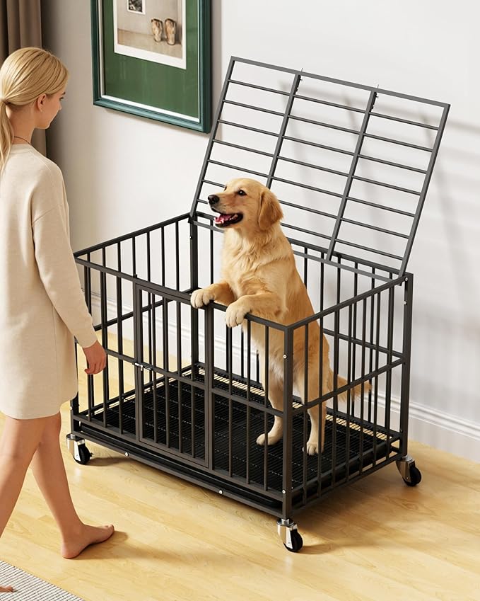 42 inch Heavy Duty Dog Crate with Dual Doors and Lockable Wheels, Large Dog Kennel Indoor, Removable Tray for Easy Cleaning, Dog Cage for Medium to Large Breeds and Anxious Dogs