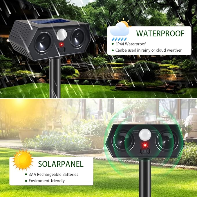 Solar Ultrasonic Animal Repellent Outdoor, 4Pack Solar Deer Deterrent Devices with PIR Motion Sensor, Ultrasonic Cat Repellent to Scare Squirre Rabbit Skunk Dog Raccoon Armadillos for Lawn Yard