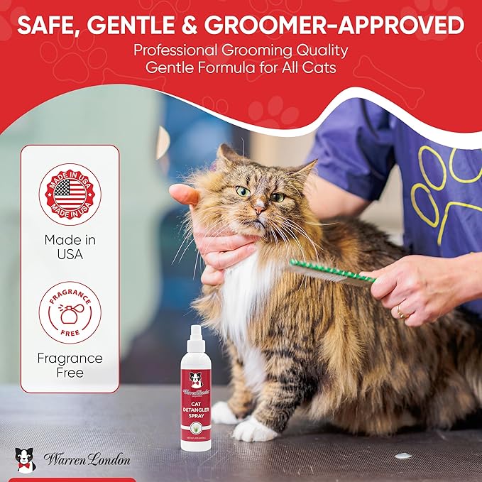 Warren London Cat Detangler Spray for Matted Hair | Leave in Conditioner Pet Detangling Spray that Demat & Refreshes | Use with Cat Brush or Grooming Glove | Made in USA | 8oz