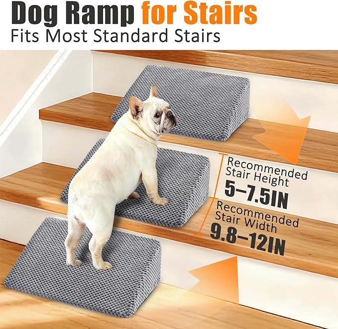 Dog Ramp for Stairs for Small & Senior Dogs and Cats – Non-Slip Stair Wedges for Dogs with Gentle Slope, Pet Ramp with Washable Cover & Self-Sticky Pads for Safe Climbing (Gray, 6 Pack)