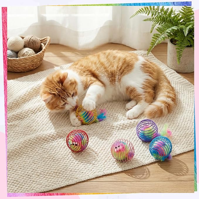 Jecery 5 Pcs Cat Spring Balls Toys Stretchable Rolling Balls Colorful Playful Coils Interactive Action Toy Caged Rats for Kitten Pet Supplies (Monster,Rainbow Color)