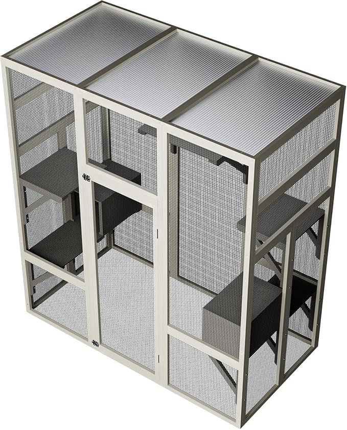 70" Large Outdoor Catio Cat Enclosure, Wood Cat Patio with Waterproof UV-Resistant Roof, Cats Shelter with 5 Platforms and 2 Resting Box, and Secure Rust-Proof Wire for Backyard or Patio