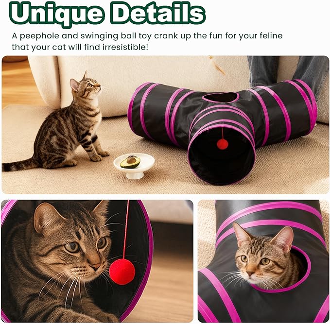 Love’s Cabin Cat Tunnel for Indoor Cats, 3-Way Collapsible Play Tunnel with Teaser Wand, Peek Holes & Toy Ball, Small Pet Toy for Kittens & Rabbits, Black & Rose Red, Small Size