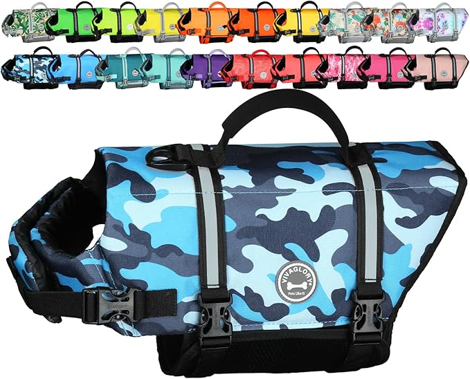 VIVAGLORY Rip Stop Dog Life Vest, Swimming Vest with Handle, Buoyancy for Doggy Puppy, Dog Life Jacket for Swimming & Boating, XS, Camo Blue