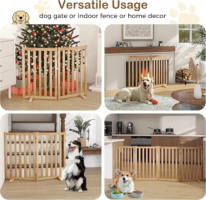 30" Height Tall Freestanding Pet Gate, Solid Wood Folding Safety Fence Wooden Dog Gate with 2 PCs Support Feet Ideal for Stairs, Doorways, Halls, Kitchens, Heavy Duty Gates, 2 Panels, Natural