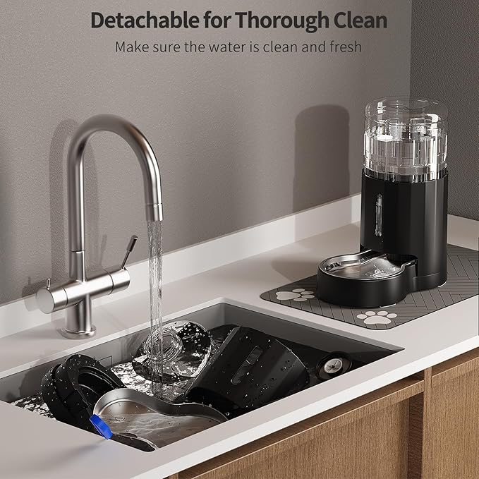 Cat Water Dispenser with Placemat and Stainless Steel Bowl, Automatic Gravity Water Dispenser for Cats or Small Medium Size Dogs, Large Capacity, Easy to Clean and Safe for Pets (4L Black)