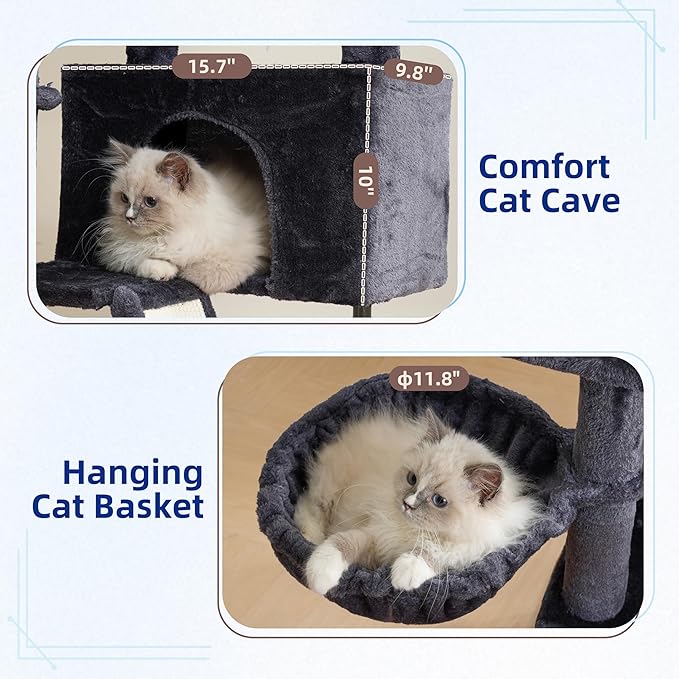 Cat Tree for Indoor Cats, Cat Tower with Scratching Post for Small Cats and Kittens, Cat House with Removable Top Platform and Fluffy Balls, Hanging Cat Basket, Smoky Gray GCT006SG