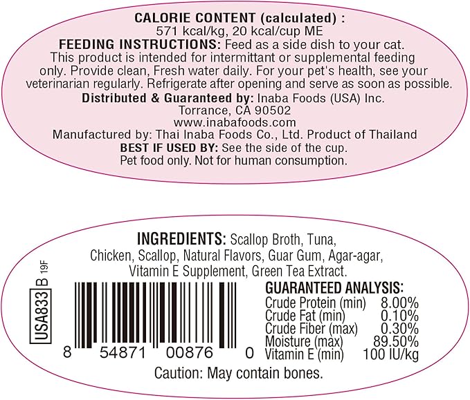 INABA Twins for Cats, Grain-Free Shredded Chicken & Broth Gel Side Dish/Complement/Topper Cups, 1.23 Ounces per Serving, 14.76 Ounces, Tuna & Chicken with Scallop Recipe,Total Servings (Pack of 24)