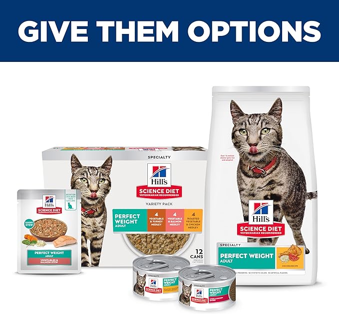 Hill's Science Diet Adult 1-6 Perfect Weight Wet Cat Food, Variety Pack: Vegetable Chicken, Turkey, & Salmon, 2.9 oz. Cans, 12-Pack