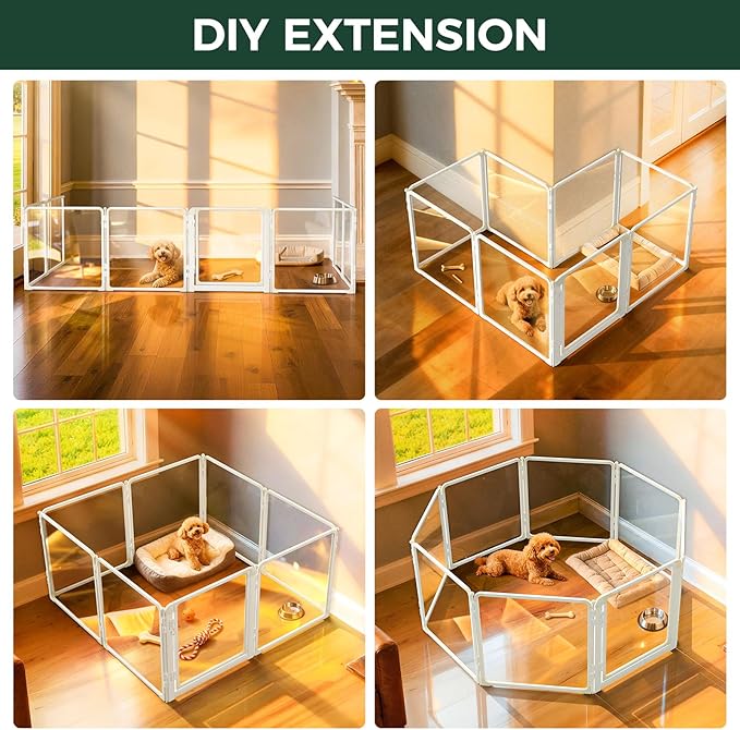 FXW AuraSpace Pro Metal & Acrylic Indoor Dog Playpen, All-Acrylic Clear Heavy-Duty Design, 24" Height 8 Panels for Puppies & Small Dogs, White│Patented