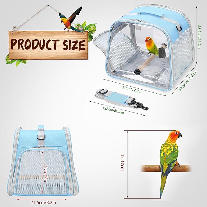 Suertree Small Bird Carrier, Large Window Travel Cage with Stand and Easy Clean Tray for Parrot Parakeet Cockatiels, Lightweight and Portable, Blue
