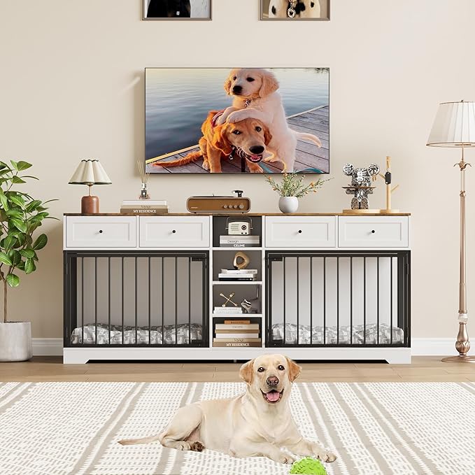 GAOMON Dog Crate Furniture for 2 Dogs, 82'' Large Dog Kennel Indoor with 4 Storage Drawers and 4 Shelves, Double Dog Crate TV Stand for Medium and Large Dogs, White