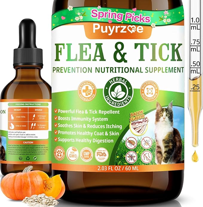 Flea and Tick Prevention for Cats, Natural Oral Cat Flea Treatment Drops with Pumpkin Seed, Echinacea & Omega-3/6/9- Support Immunity, Healthy Skin & Coat, Digestion & Overall Wellness, 60 ML
