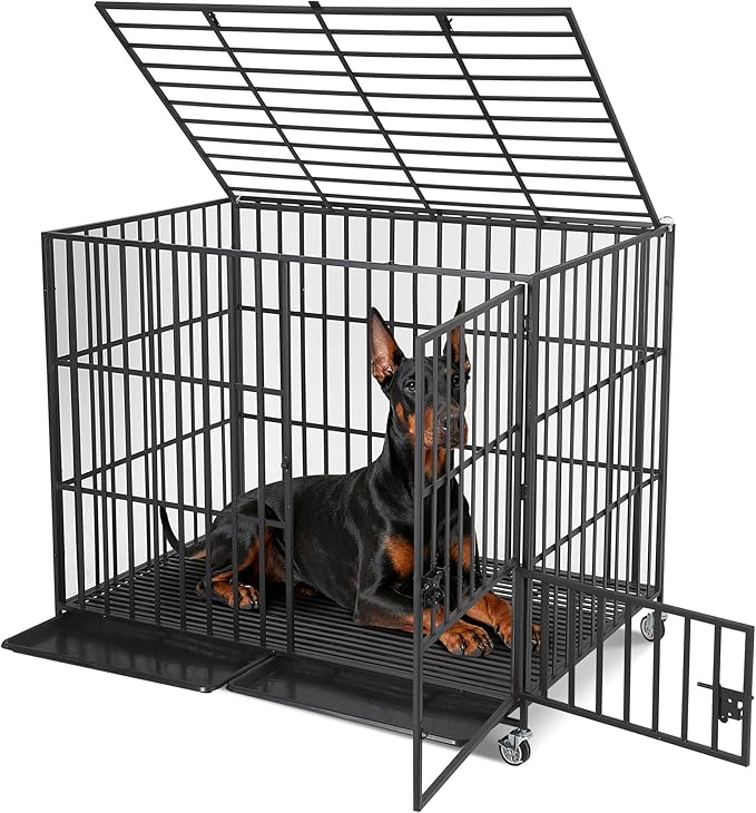 54 Inch Heavy Duty Dog Crate with Wheels, Escape Proof Metal Kennel with 3 Doors & Removable Tray for Large Medium Dogs, Black