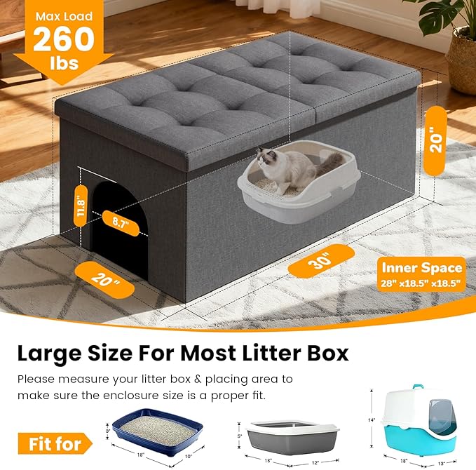 3-in-1 Cat Litter Box Enclosure with Odor Control, Multi-Functional Hidden Litter Box Furniture Bench, Dog Proof, Space-Saving Ottoman Cabinet with Flip-Up Lid, Extra Large, Dark Grey