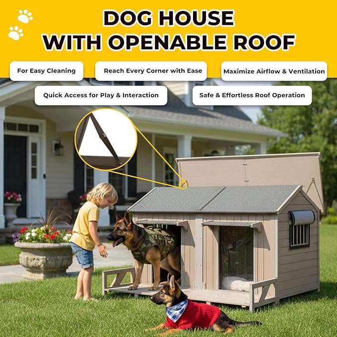 59" L Extra Large Dog House Outdoor for 2 Dogs, XL Wooden Dog House Pet Shelter Weatherproof with 2 Window, Openable Roof, All-Around Iron Frame, Removable Floor, Balcony for Large Small Dogs