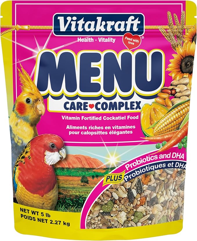 Vitakraft Menu Cockatiel Food - 5 lbs Resealable Bag Mix of Seeds Grains Fruits Vegetables Nuts and Pellets - with Natural Probiotics DHA and Omegas for Feather and Immune Support