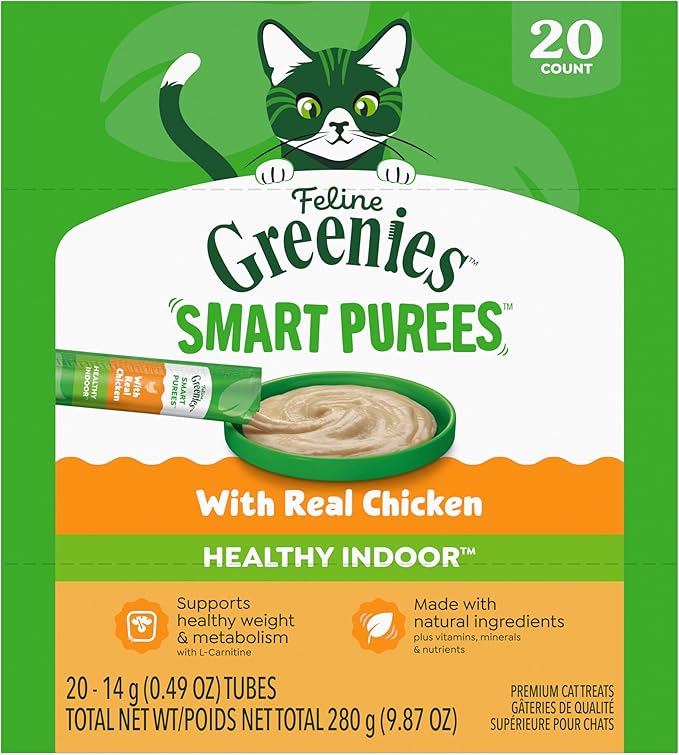 Greenies Feline Smart Purees Healthy Indoor Lickable Cat Treats with Real Chicken, 0.49 oz. Tubes, 20 Count