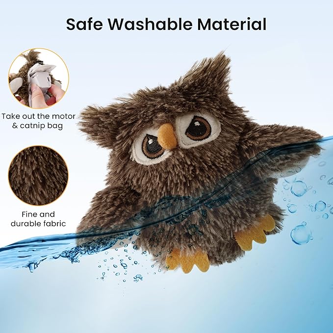 Flappy Bird Cat Toy, Interactive Flapping Chirping Bird Cat Toy with Catnip Bag for Indoor Bored Alone Kitten, Automatic Rechargeable Touch Activated Owl Kitty Toy (No Flying), Brown