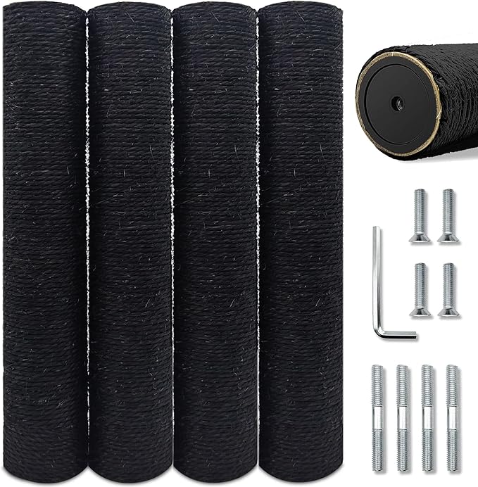 Gothic & Goth Cat Tree Tower Replacement Post - Black, 4 Pack, 15.7in Scratching Post Pole with M8 Screws, Natural Sisal for Cat Tree Repair & Rebuild