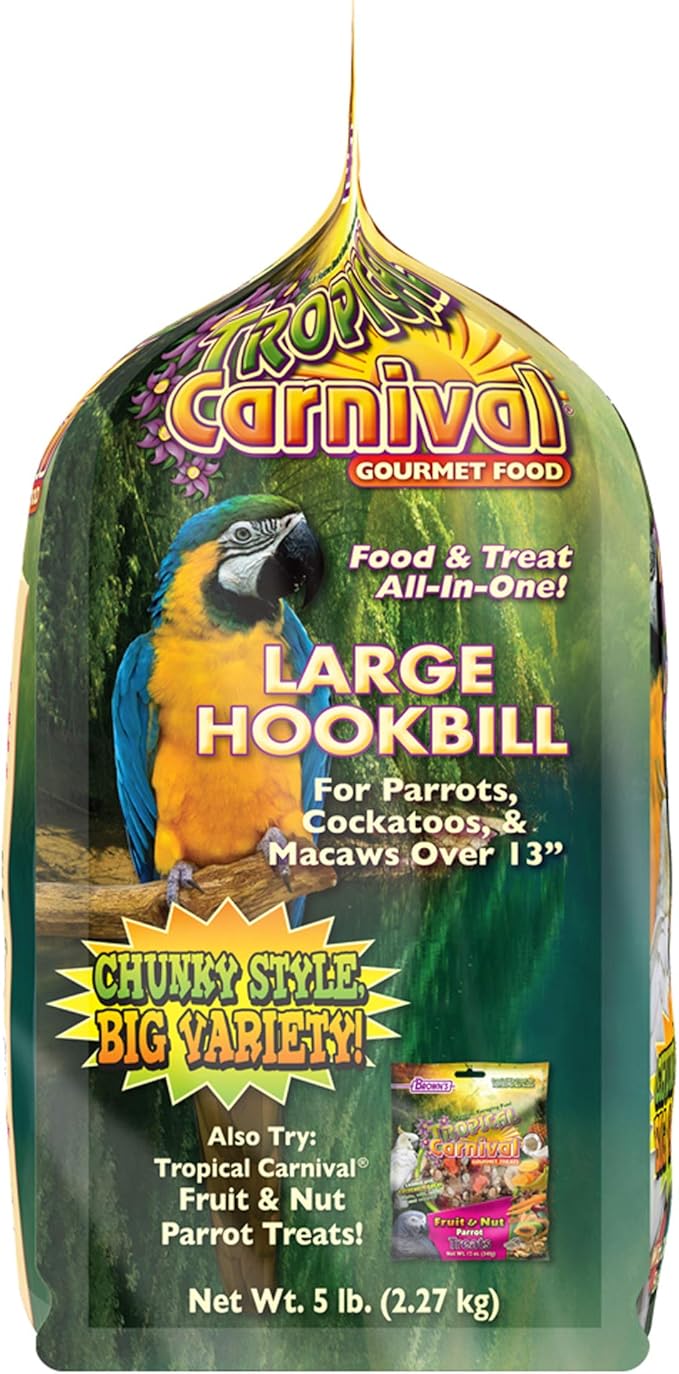 F.M. Brown's Tropical Carnival Gourmet Large Hookbill Food for Parrots, Cockatoos and Macaws Over 13", 5-lb Bag - Vitamin-Nutrient Fortified Daily Diet