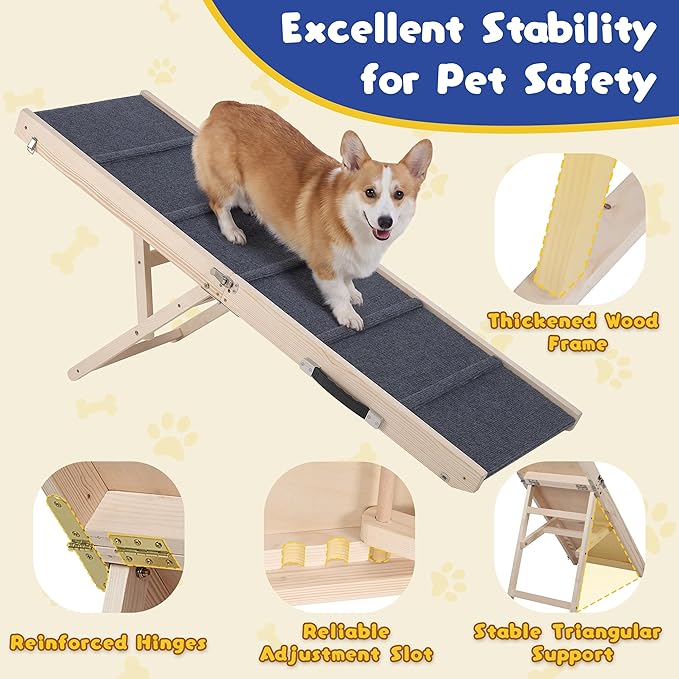 Dog Ramp for Bed & Couch - Extra 51.2" Long Adjustable Height 9.5" to 24" Wooden Non-Slip Pet Ramp, Portable Foldable Doggie Car Ramp for Small Medium Large Dogs, 200 LBS Load