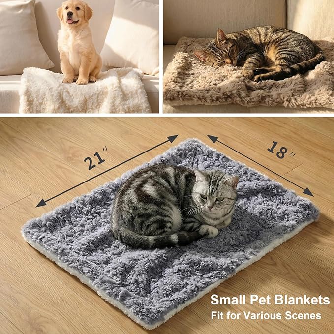 Cat Blanket for Indoor Cats - Ultra Thick 460GSM Faux Rabbit Fur & 260GSM Sherpa, Small Pet Throw for Carrier, Crate & Couch Protection, Soft Thermal Kitten Bedding, 21"x18" Grey