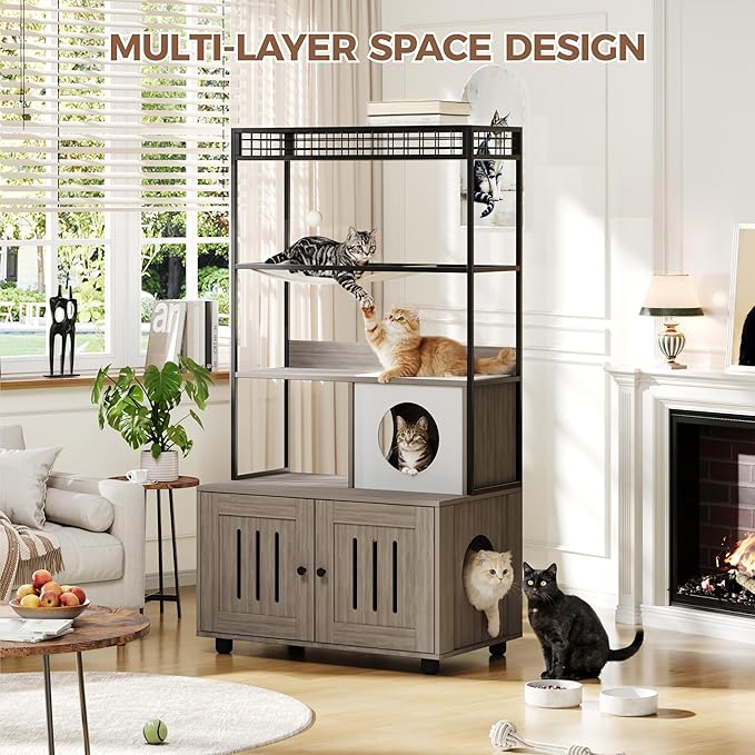 Cat Litter Box Enclosures with Storage Rack, Enclosed Litter Box Furniture, Hammock, Sisal Balls and Cat Scratching Mat