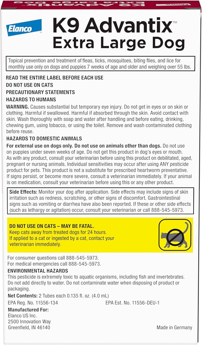 K9 Advantix Flea, Tick & Mosquito Prevention for Dogs Over 55 lbs. | Flea Drops for Extra Large Dogs | Apply Monthly | 6 Treatments (Pack of 3)