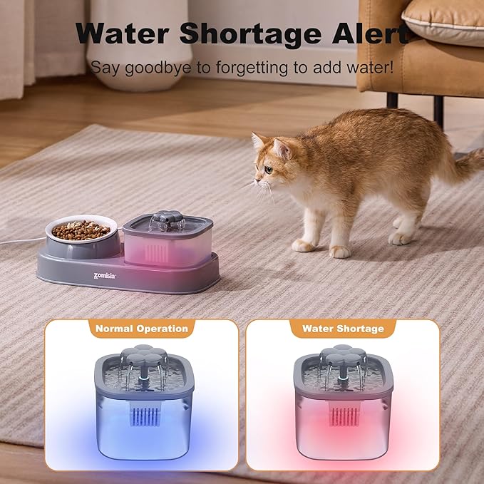 Cat Water Fountain and 1 Ceramic Food Bowl - 2 in 1 Ultra Quiet Automatic Pet Food and Water Bowl Set for Kitty, Gray (No Adapter)