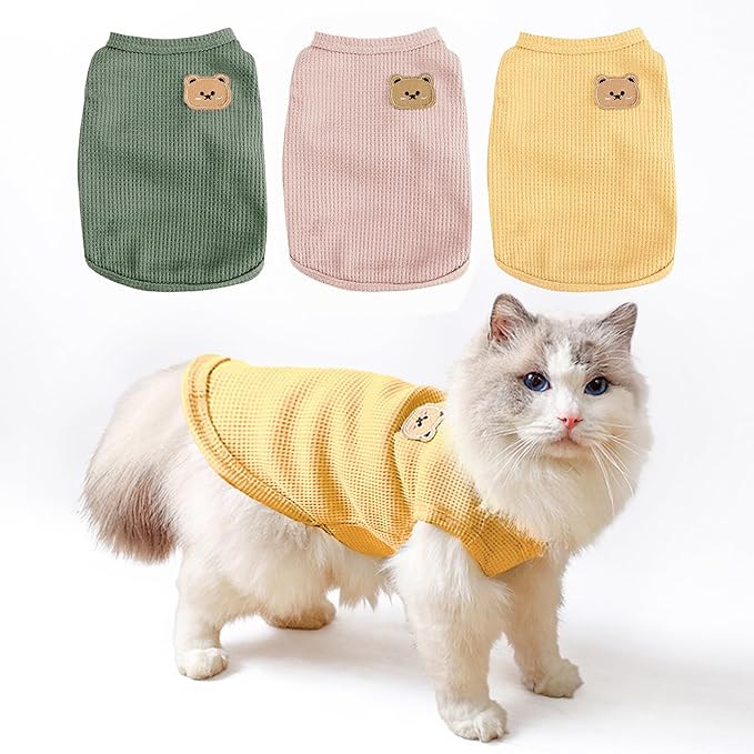 Waffle Knit Cat & Dog T Shirt for Small Dogs, Stretchable Puppy Shirt for Sphynx Cats & Small Breeds, Pet Clothes | Breathable Summer/Winter Apparel for Newborn(3PCS 2XLarge)