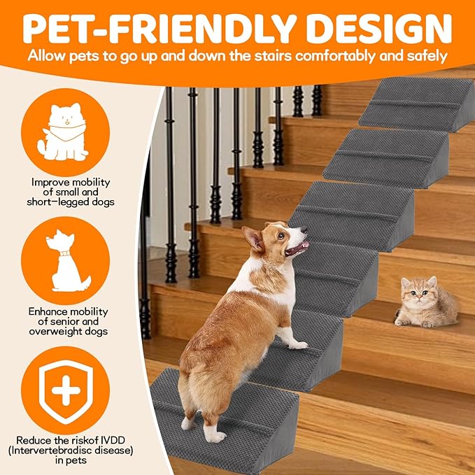 Upgrade Non-Slip Dog Ramps/Stairs for Staircase, Foam Dog Ramps for Stairs Inside House, Foam Pet Ramps for Small Dogs, Stair Ramp for Injured Dogs Cats with Self-Sticky Pads to Fix, 6 Pack