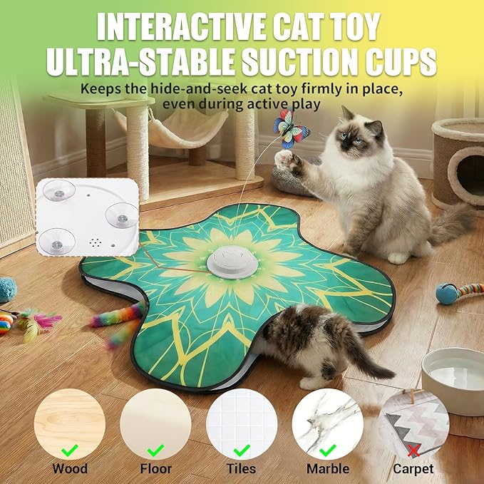 Interactive Cat Toy for Indoor Cats, Touch Activated Automatic Electronic Cat Toy with Sound On/Off, Dual Wands, Non-Slip Suction Cups, Rechargeable Hide and Seek Cat Play Mat for Bored Adult Kittens