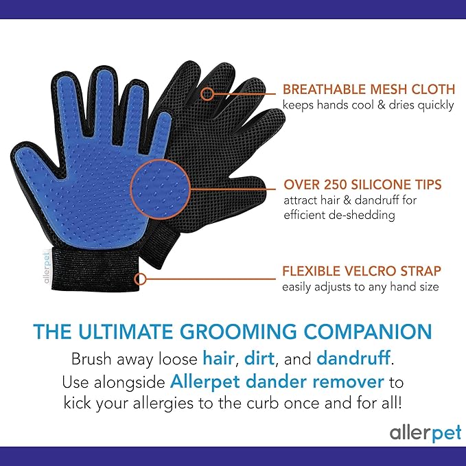 Allerpet Dog Dander Remover w/Free Pair of Grooming Gloves - Best Pet Dander Remover for Allergens - for Canine Dry Skin Treatment - Good for Fur & Skin - (12oz)