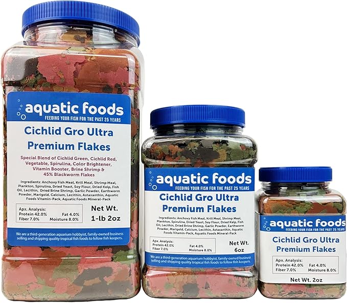 Aquatic Foods Inc. Premium Cichlid Gro Ultra 8-Type Flake Mix with Krill, Shrimp, Plankton, Spirulina for Central & South American Cichlids Also Pellet Mix, Wafer Mix Included…6oz