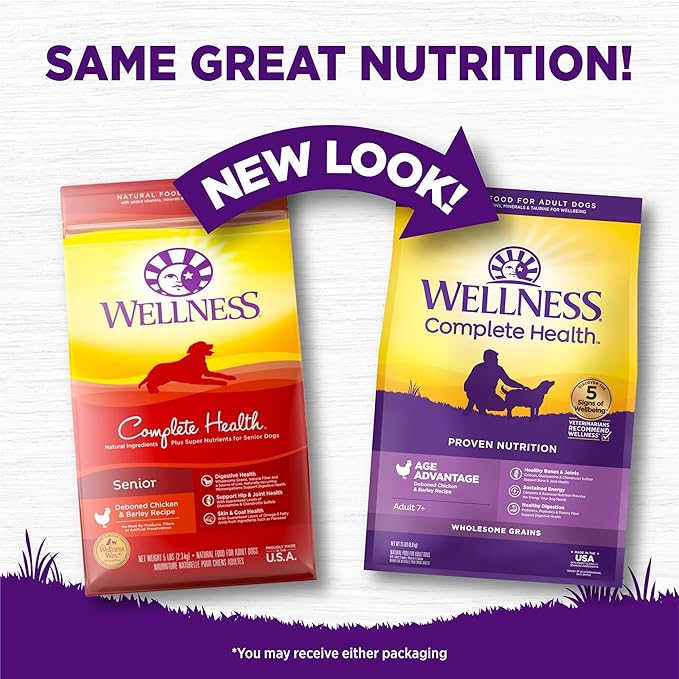 Wellness Complete Health Age Advantage Senior Dry Dog Food, Wholesome Grain Kibble, Natural, Chicken and Barley Recipe, 15 lb Bag