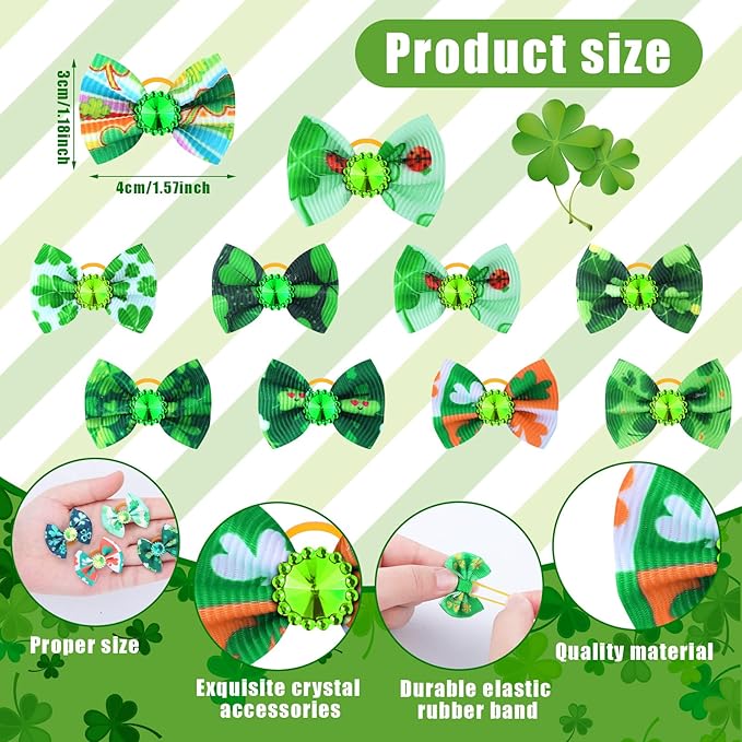 Tondiamo 100 Pack St. Patrick's Day Dog Hair Bows with Rubber Bands St. Patrick's Day Puppy Bows Rhinestone Pet Hair Accessories Dog Bows Grooming for Small Girl Dogs (Shamrock Pattern)
