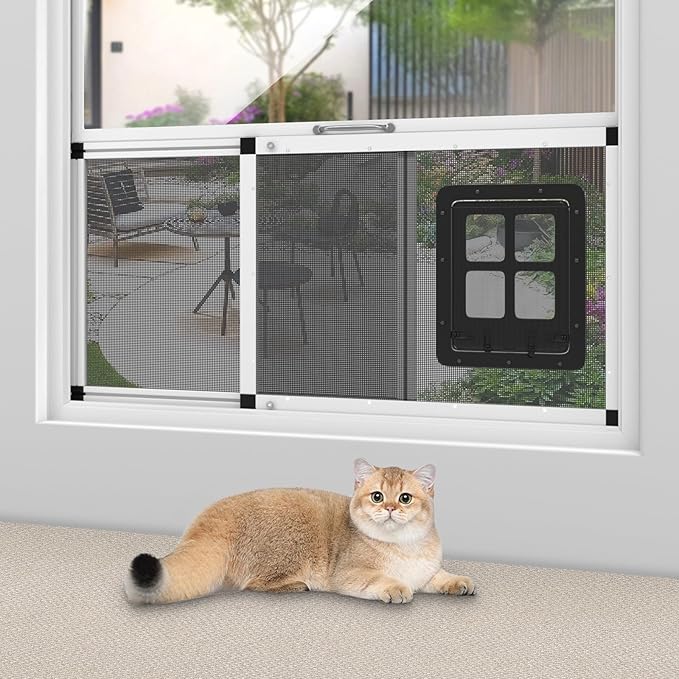 Ventilated Pet Door for Window, Fits 28.5"-32" Width Window, 2-Min Install | Aluminum Frame + Stainless Steel Mesh | Breathable Bug-Proof | Magnetic Closure Window Cat Door, Cat Door for Window Insert