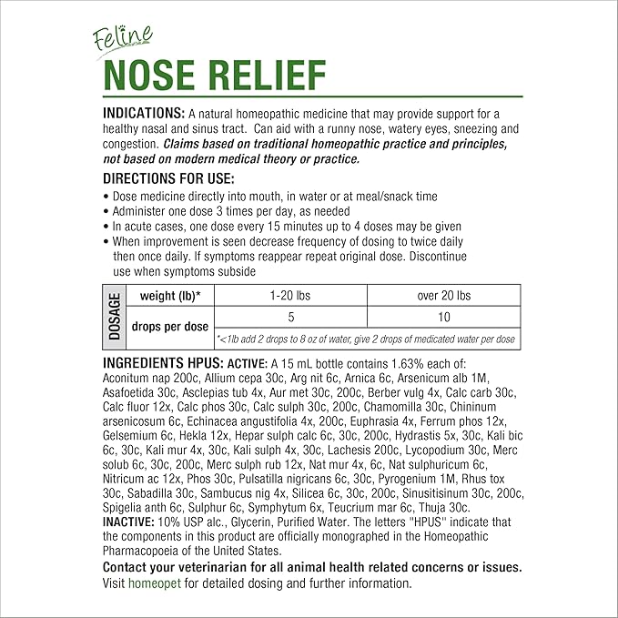 HomeoPet Feline Nose Relief, Safe and Natural Nasal and Sinus Supplement for Cats, 15 Milliliters