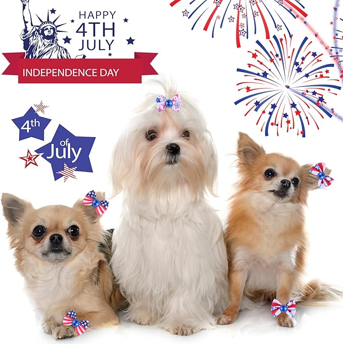 Tondiamo 100 Pack Independence Day Dog Hair Bows with Rubber Bands 4th of July Puppy Bows Rhinestone Patriotic Pet Hair Accessories Dog Bows Grooming for Small Girl Dogs (Star and Stripe)