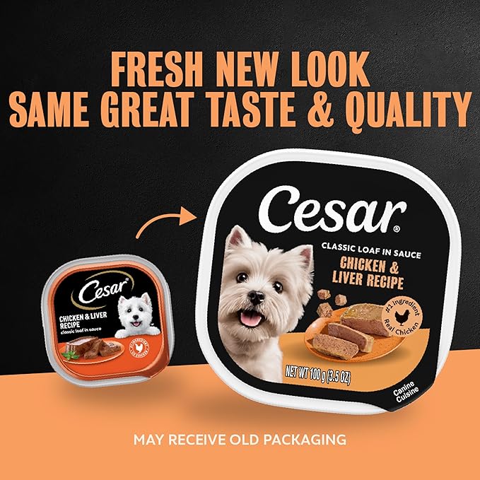 Cesar Classic Loaf in Sauce Adult Wet Dog Food Chicken and Liver Recipe, 3.5 oz. Easy Peel Trays, 24 Count (Pack of 1)