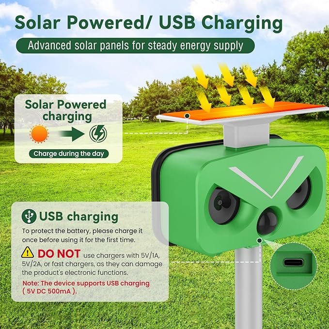 Solar Ultrasonic Animal Repellent, Waterproof Cat Deterrent Outdoor with LED Flashing Repel for Cats, Dogs, Deer, Rabbits, Squirrels, Skunks, Raccoons, etc.