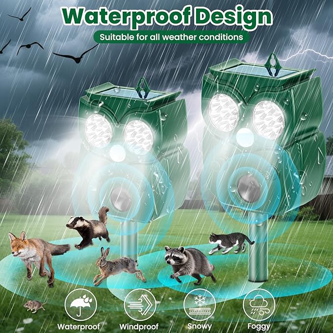 Solar Ultrasonic Animal Repellent Outdoor, 2Pack Waterproof Deer Repellent Devices with RIP Motion Sensor LED Flashing Lights, Cat, Raccoons, Skunks, Rabbits Deer Deterrent Outdoor