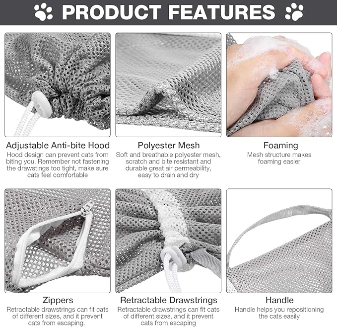 Cat Shower Net Bag Grooming Bathing Adjustable Washing Bag Multifunctional Cat Restraint Accessories Prevent Biting Scratching, Nail Trimming, Ears Clean, Keeping Calm(Grey)