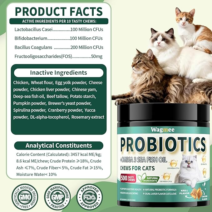 Cat Probiotics Tasty Chews –500 Chews Crunchy & Creamy Texture, Fish Oil Omega-3 Skin & Coat Health Digestive & Gut Support, Constipation Relief, Healthy Stool, Chicken Krill Flavor